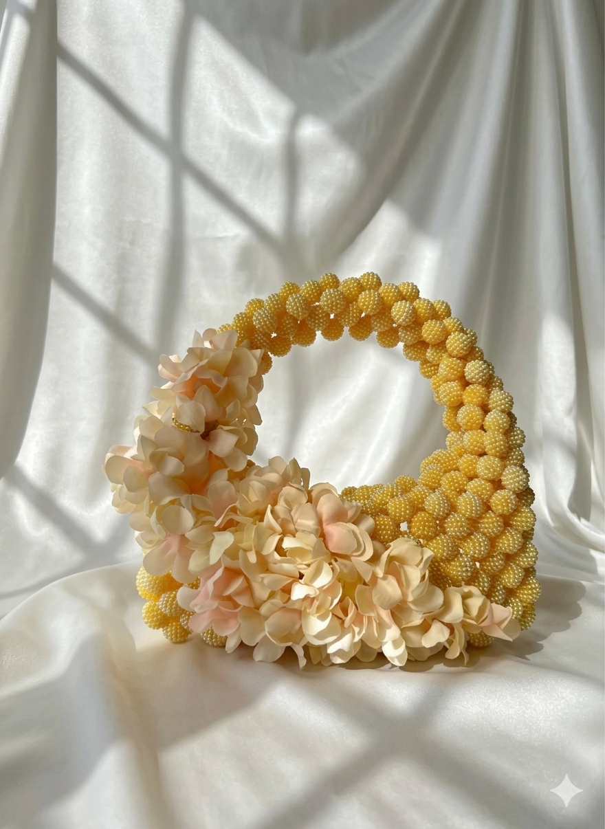 Yellow Floral Beaded Crescent Handbag