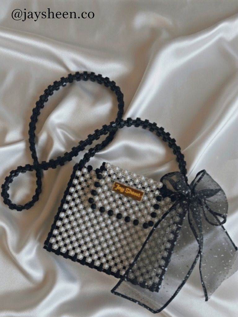 Monochrome Beaded Mini Handbag with Bow Accent