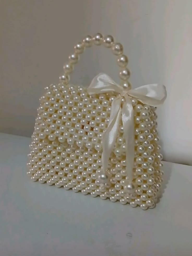 Classic Pearl Beaded Top-Handle Bag with Satin Bow