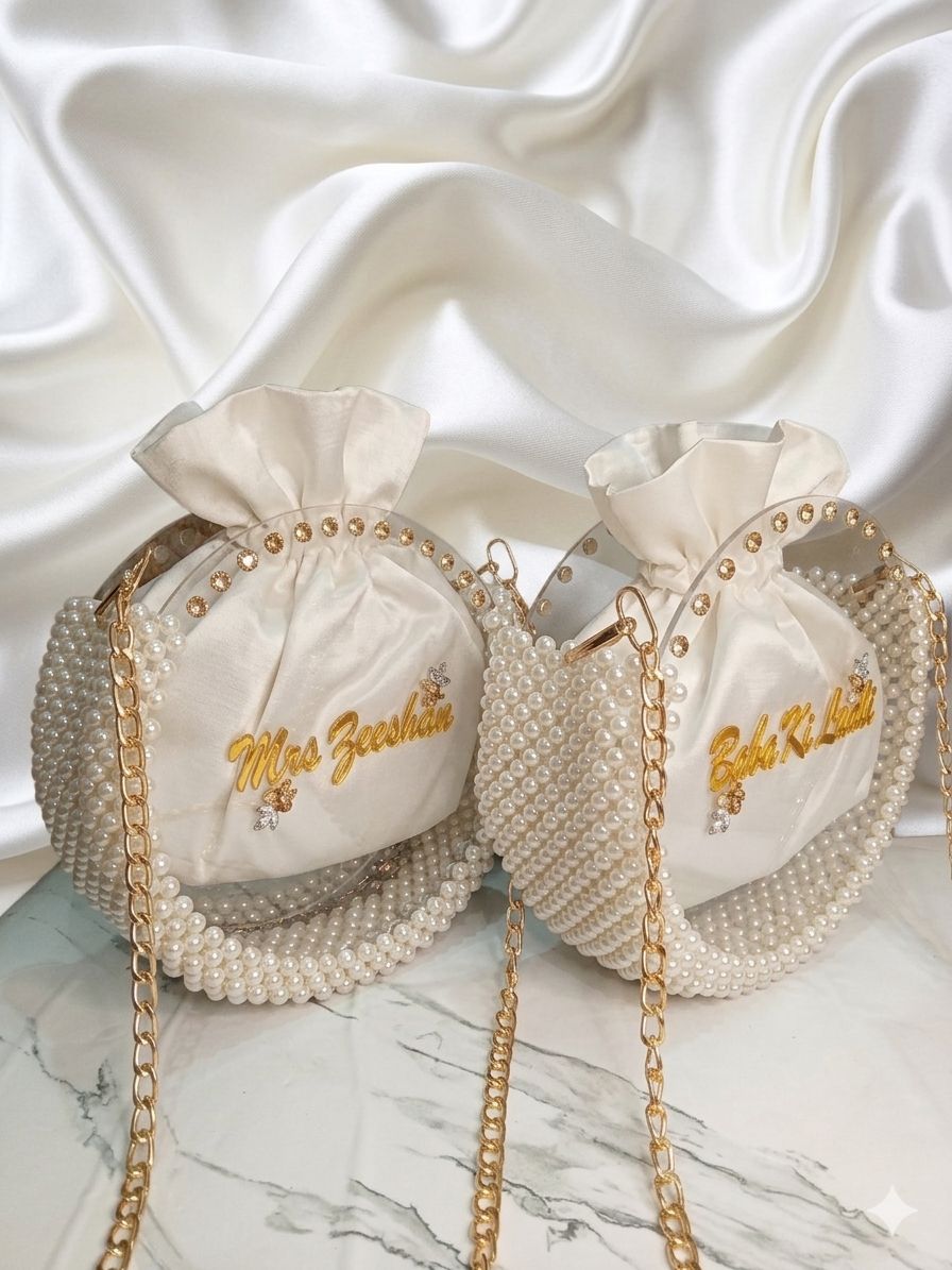 Custom Burgundy Pearl & Acrylic Round Pouch Bag with your own name