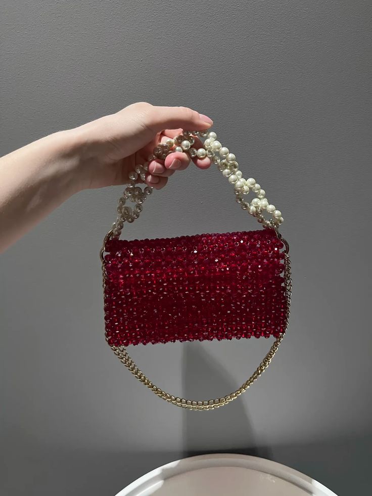 Ruby Crystal Beaded Bag with Pearl Handle