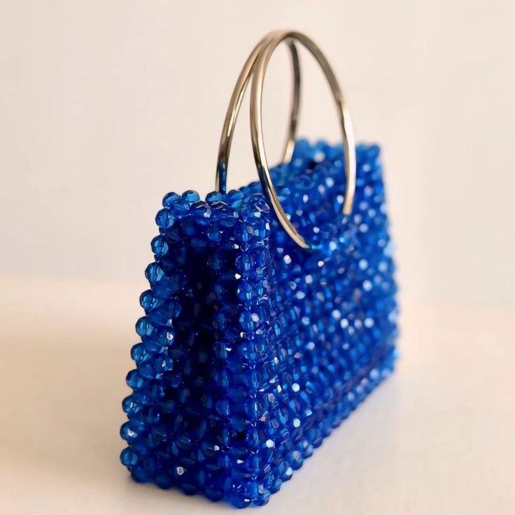 Sapphire Blue Crystal Beaded Handbag with Metal Ring Handles
