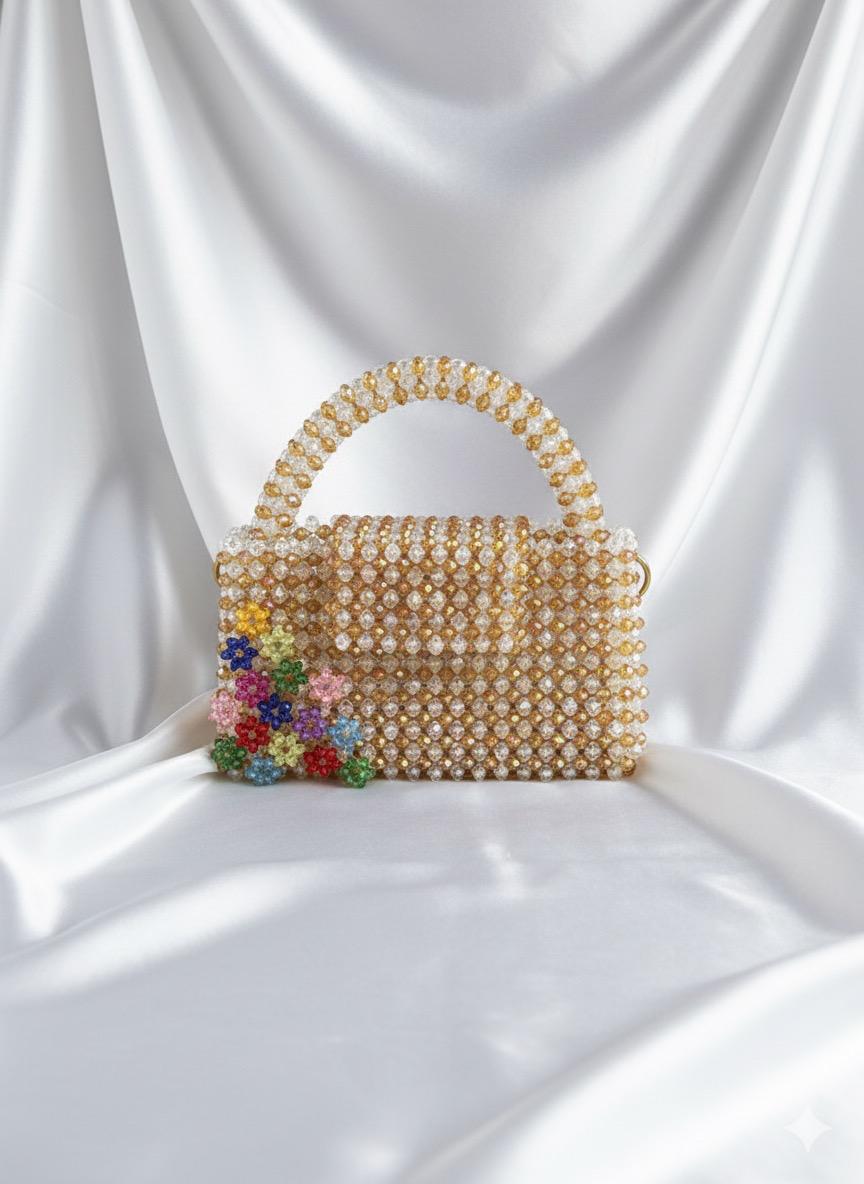 Champagne Gold Beaded Top Handle Bag with Multi-Color Floral Detail