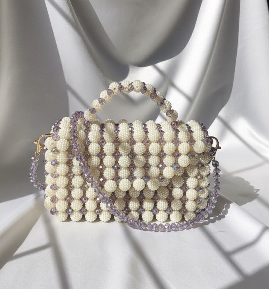 Cream Pearl & Amethyst Crystal Beaded Handbag