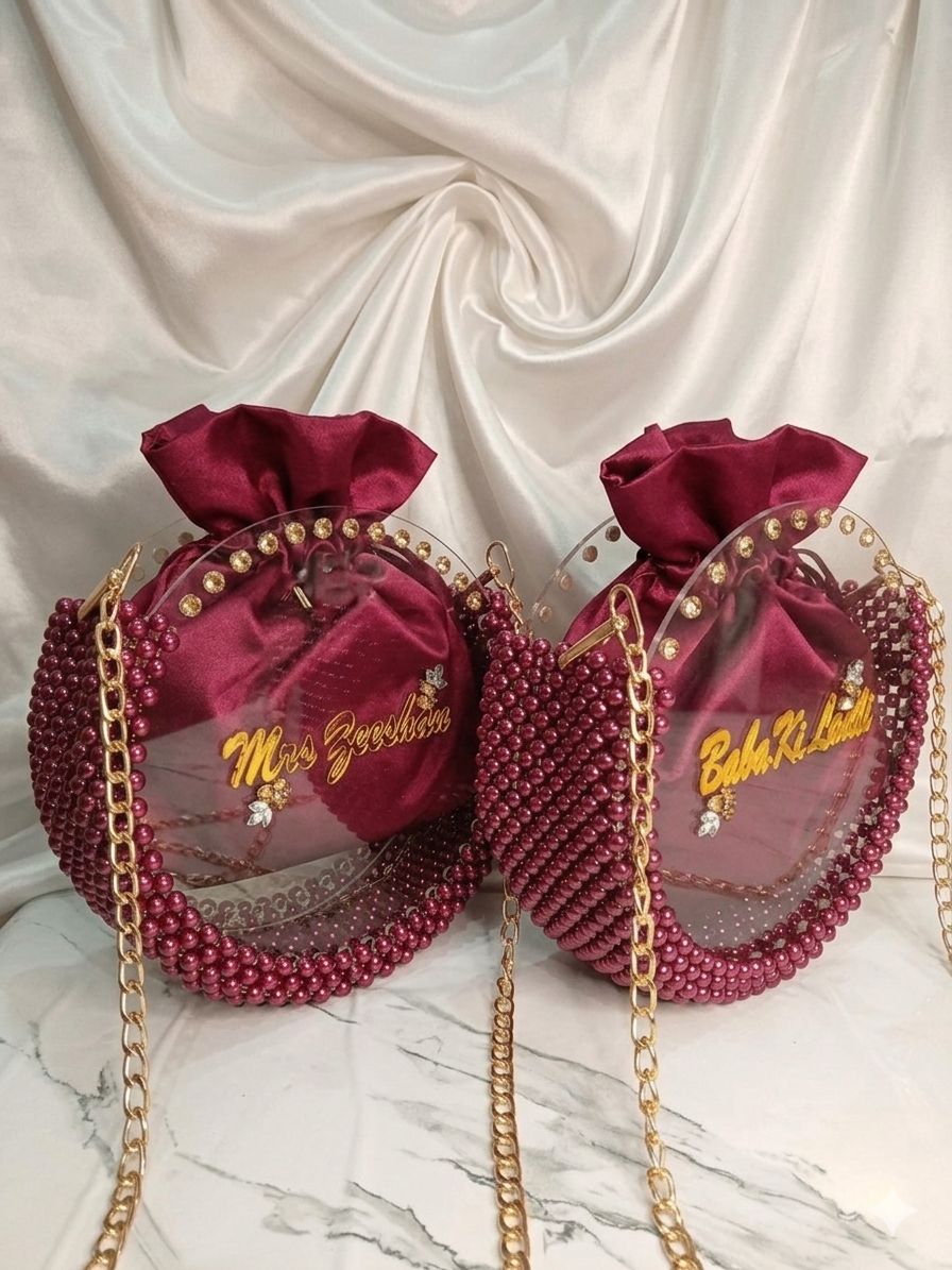 Custom Burgundy Pearl & Acrylic Round Pouch Bag with your own name
