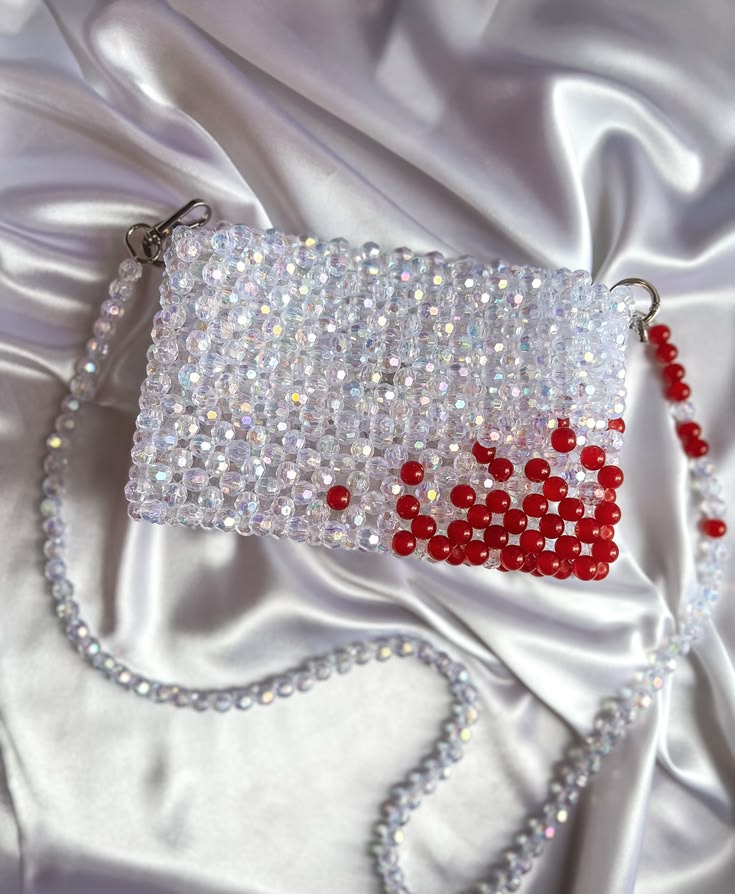 Iridescent Crystal Beaded Crossbody Bag with Red Heart Accent